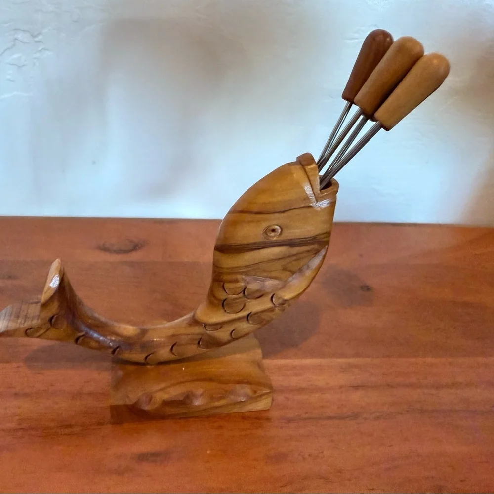 Wooden Whale fish Holder cocktail hors serving fork picker set‎ of 5